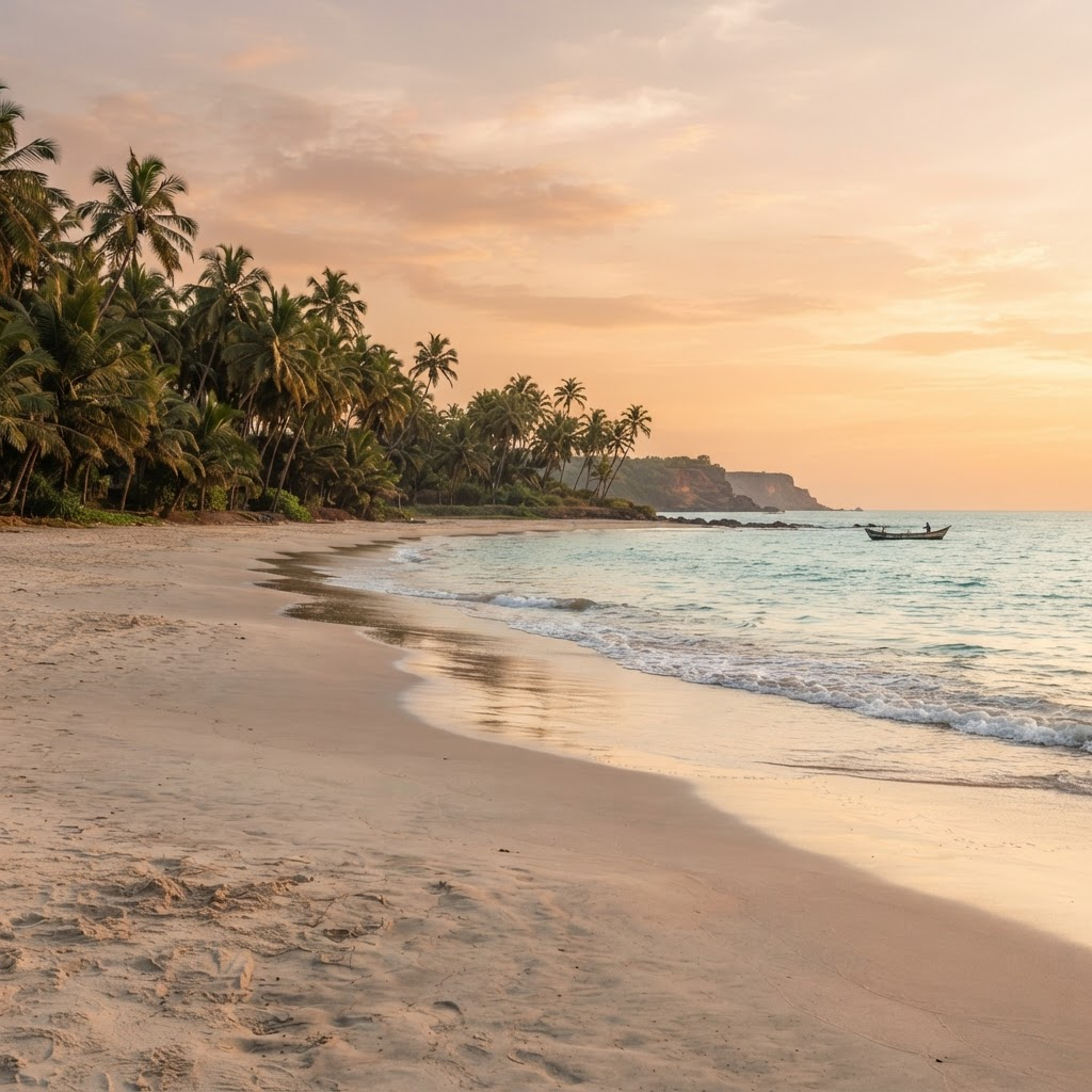 Golden light across a quiet South Goa beach with coconut palms